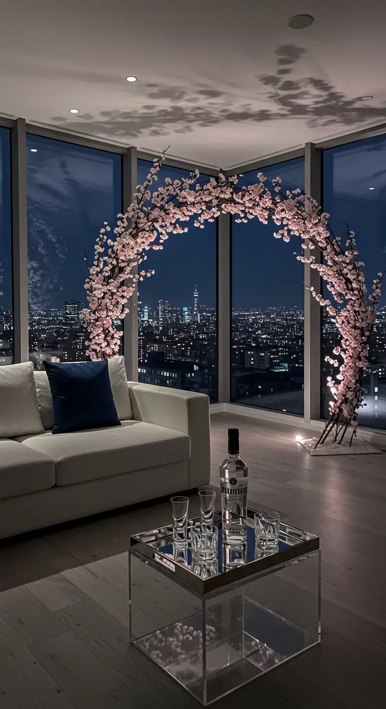 Moderne kamer met kersenbloesemboog voor raam met uitzicht op stad 's nachts.