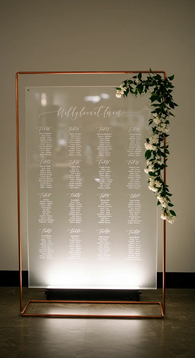 Verlichte acrylaat seating chart in koperen frame met bloemdecoratie.
