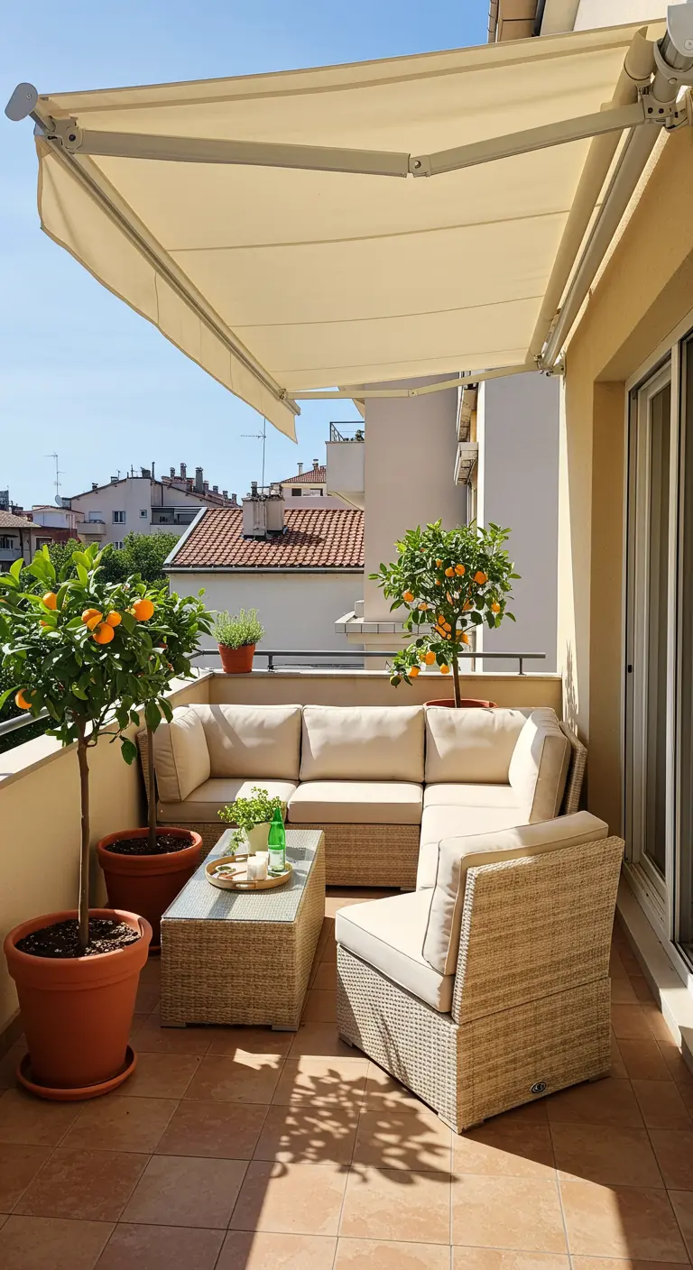 Ruim balkon met grote beige modulaire loungebank, zonnescherm en citrusbomen in potten.