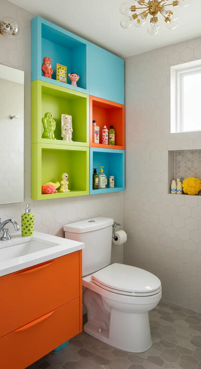 Vrolijke badkamer met gekleurde modulaire kubussen aan de muur en geometrische tegels.