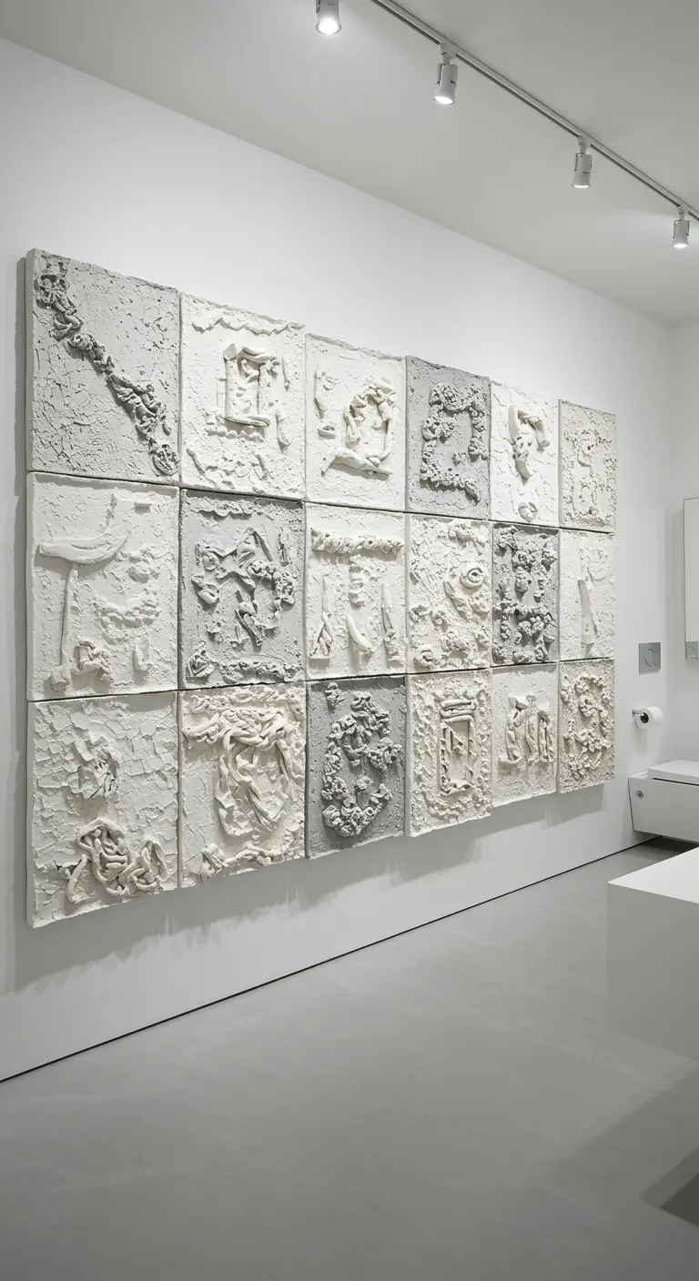 Moderne witte badkamer met een grote modulaire wandinstallatie van abstracte keramische tegels in wit en grijs.