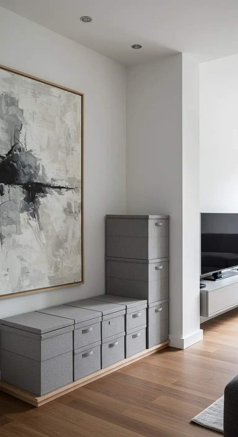 Moderne hoek met gestapelde grijze stoffen opbergboxen op een houten plint, naast een groot abstract schilderij.