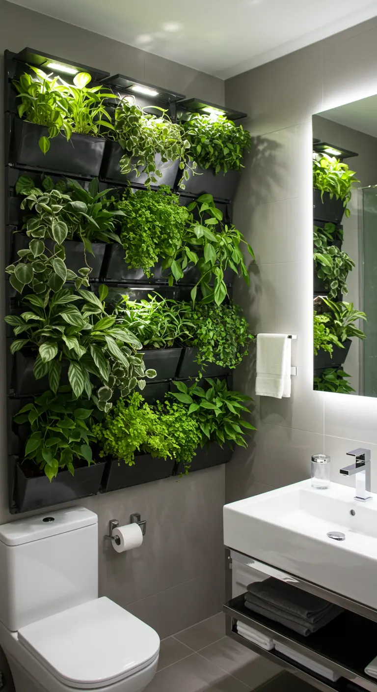 Verticaal plantenwandsysteem met diverse groene planten naast een toilet in een moderne badkamer.