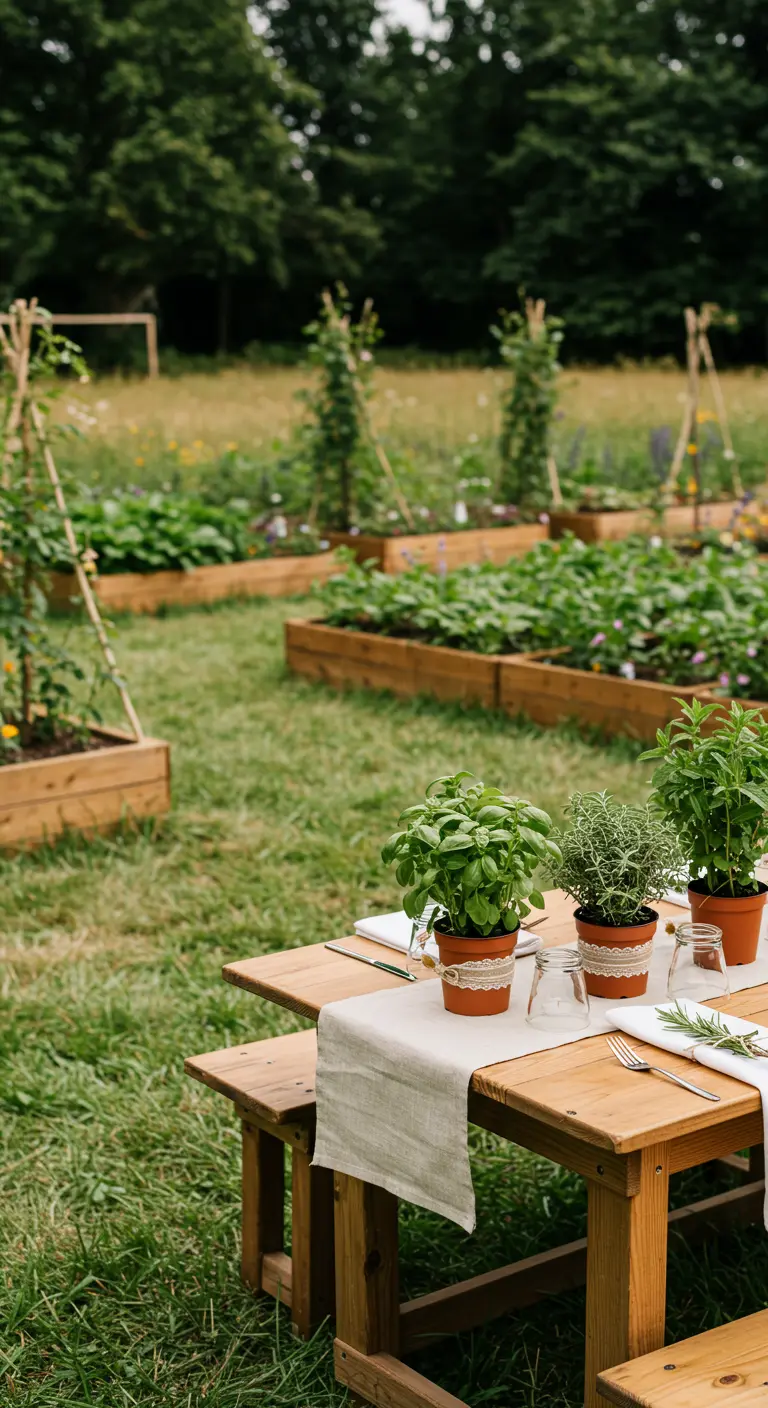 Houten tafel in moestuin met kruidenpotjes en linnen tafelloper.