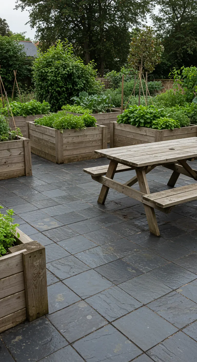 Zwarte terrastegels met robuuste houten moestuinbakken gevuld met groenten en kruiden naast een picknicktafel.