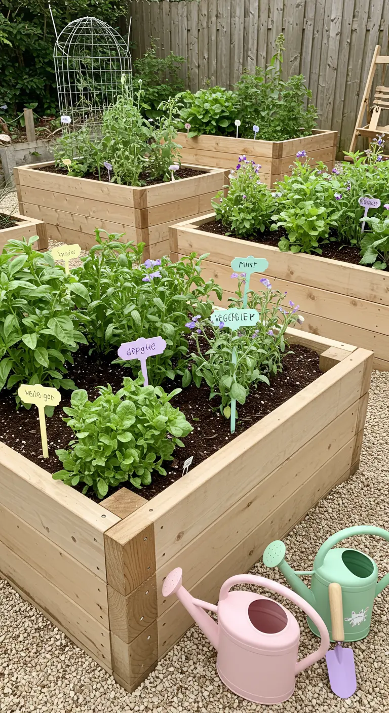 Verhoogde moestuinbedden met pastelkleurige plantenlabels en gieters.