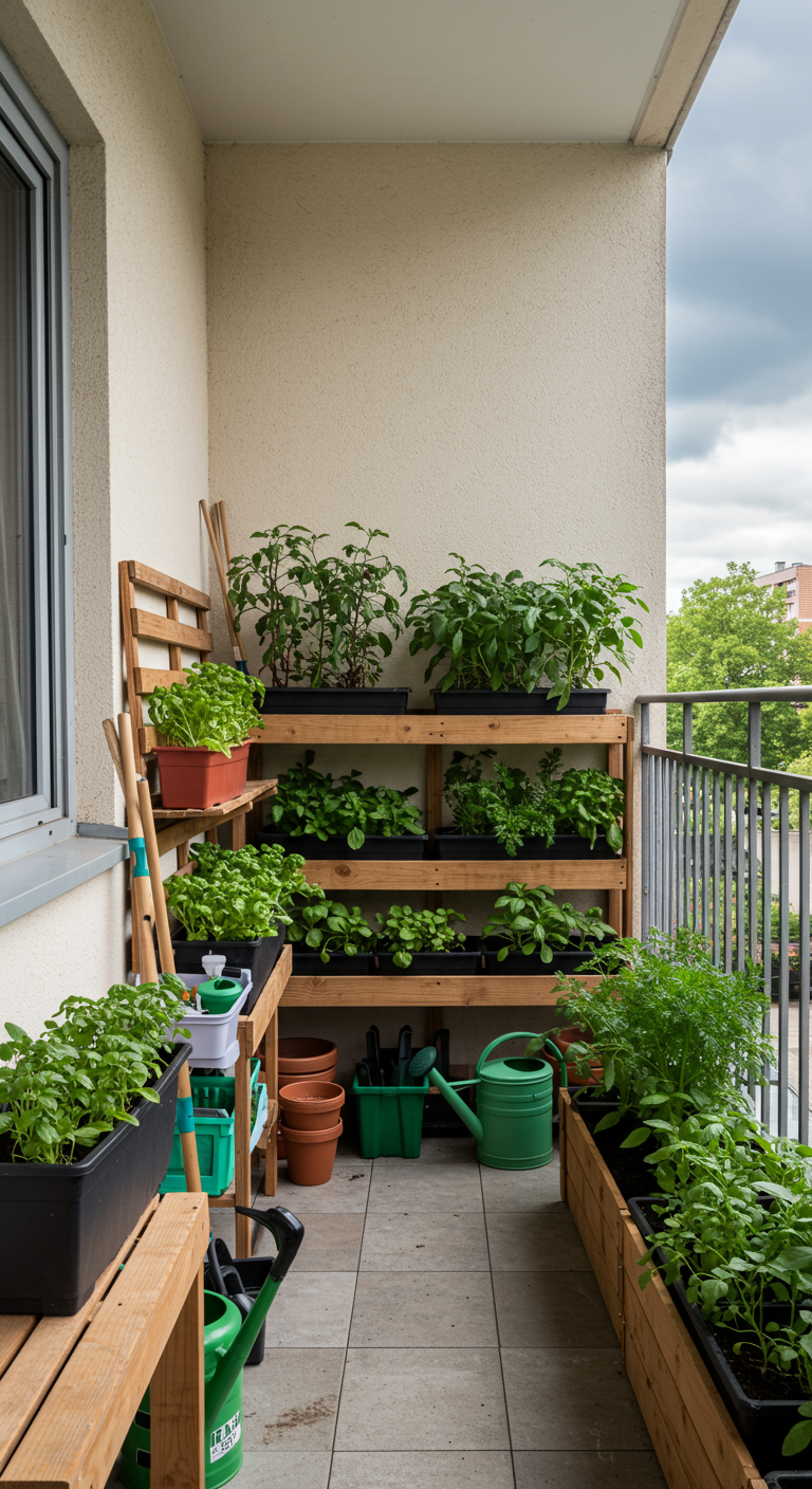 Houten stellingkast vol met kweekbakjes voor een kleine moestuin op het balkon.