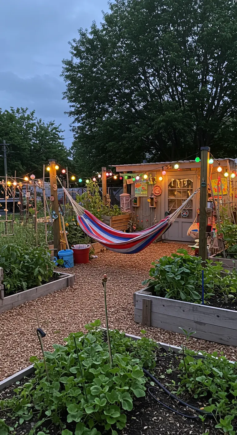 Moestuin 's avonds met gestreepte hangmat, gekleurd lichtsnoer en houten plantenbakken.