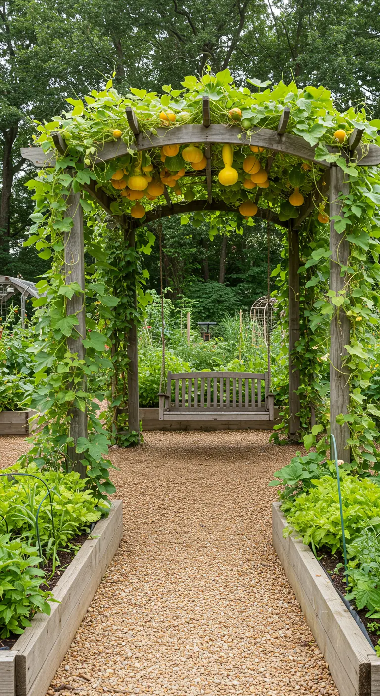 Houten schommelbank onder een pergola begroeid met pompoenen in een moestuin.