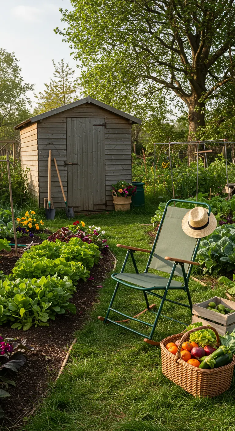 Groene stoffen inklapbare schommelstoel in een moestuin, met strohoed en mand met groenten.
