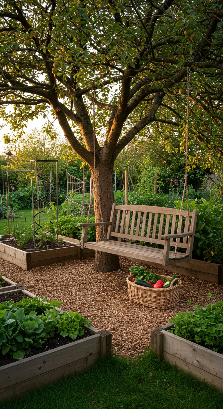 Houten schommelbank onder een fruitboom in een moestuin met houten kweekbakken.