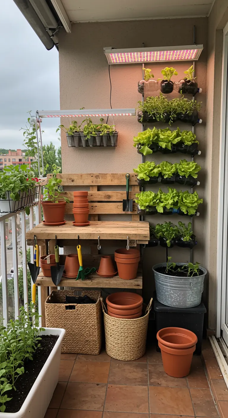 Balkon met verticale moestuin, kweeklampen en een houten werkbank.