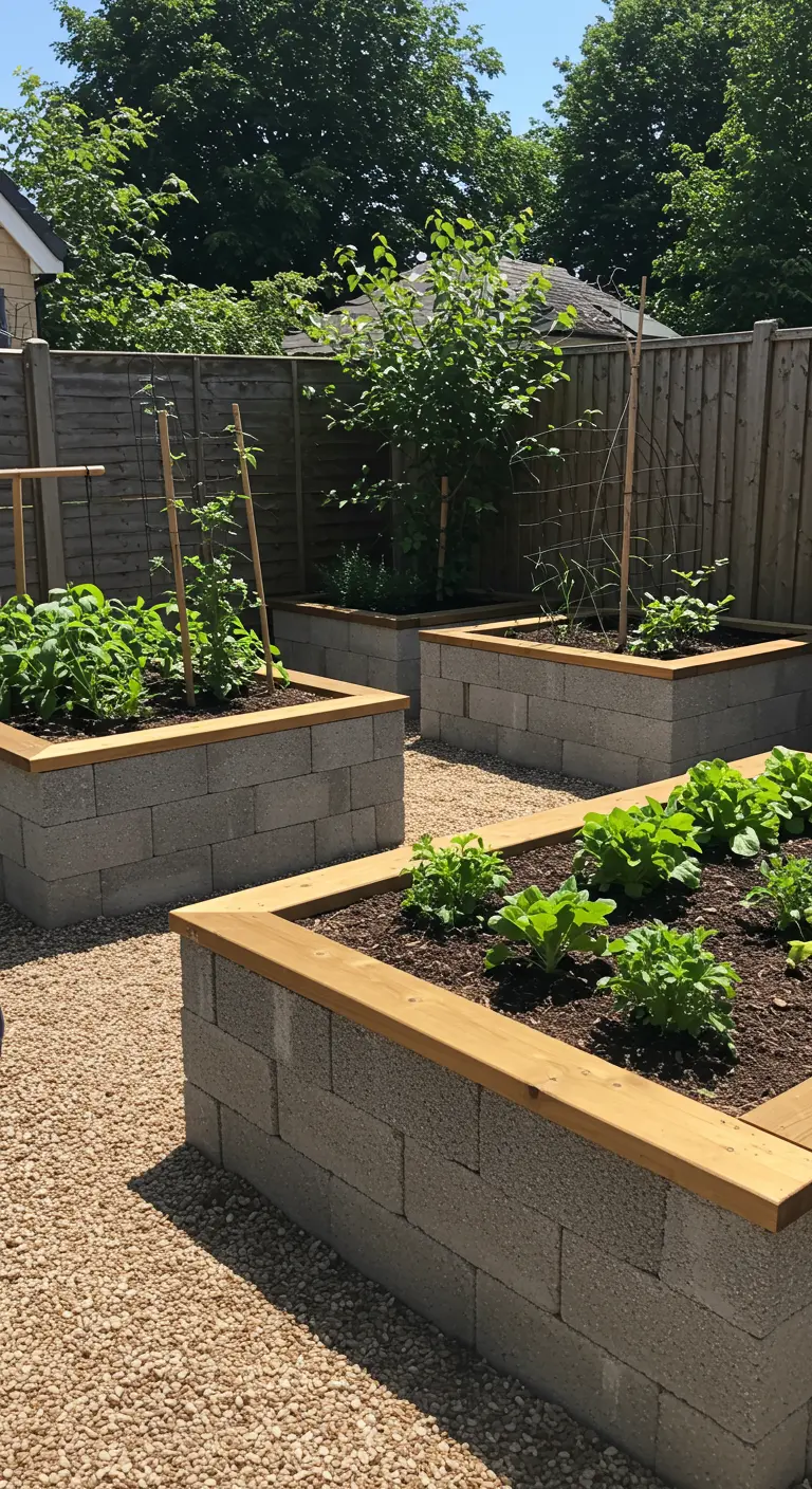 Verhoogde moestuinbakken gemaakt van betonblokken met een houten bovenrand, gevuld met plantjes.