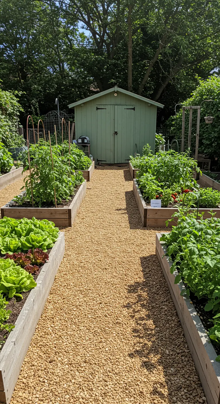 Moestuin met houten kweekbakken, paden van goudgeel grind en een klein groen tuinhuisje.