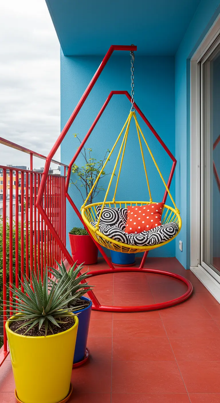 Gele hangstoel in een rood, geometrisch metalen frame op een kleurrijk balkon.