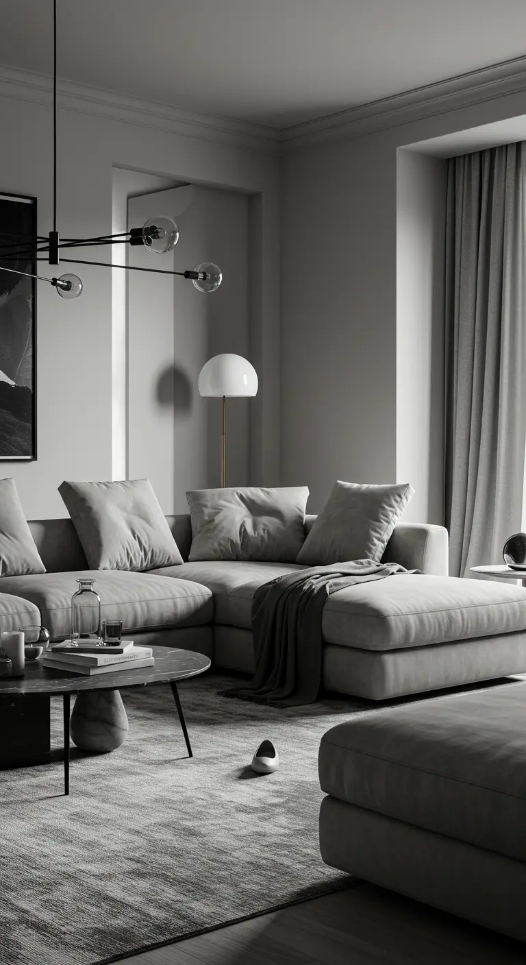 Moderne, monochrome grijze zithoek met een grote hoekbank.