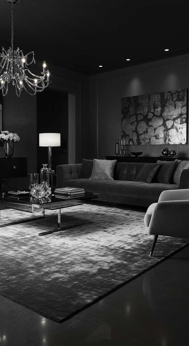 Moderne, monochrome grijze woonkamer met een abstract grijs vloerkleed.