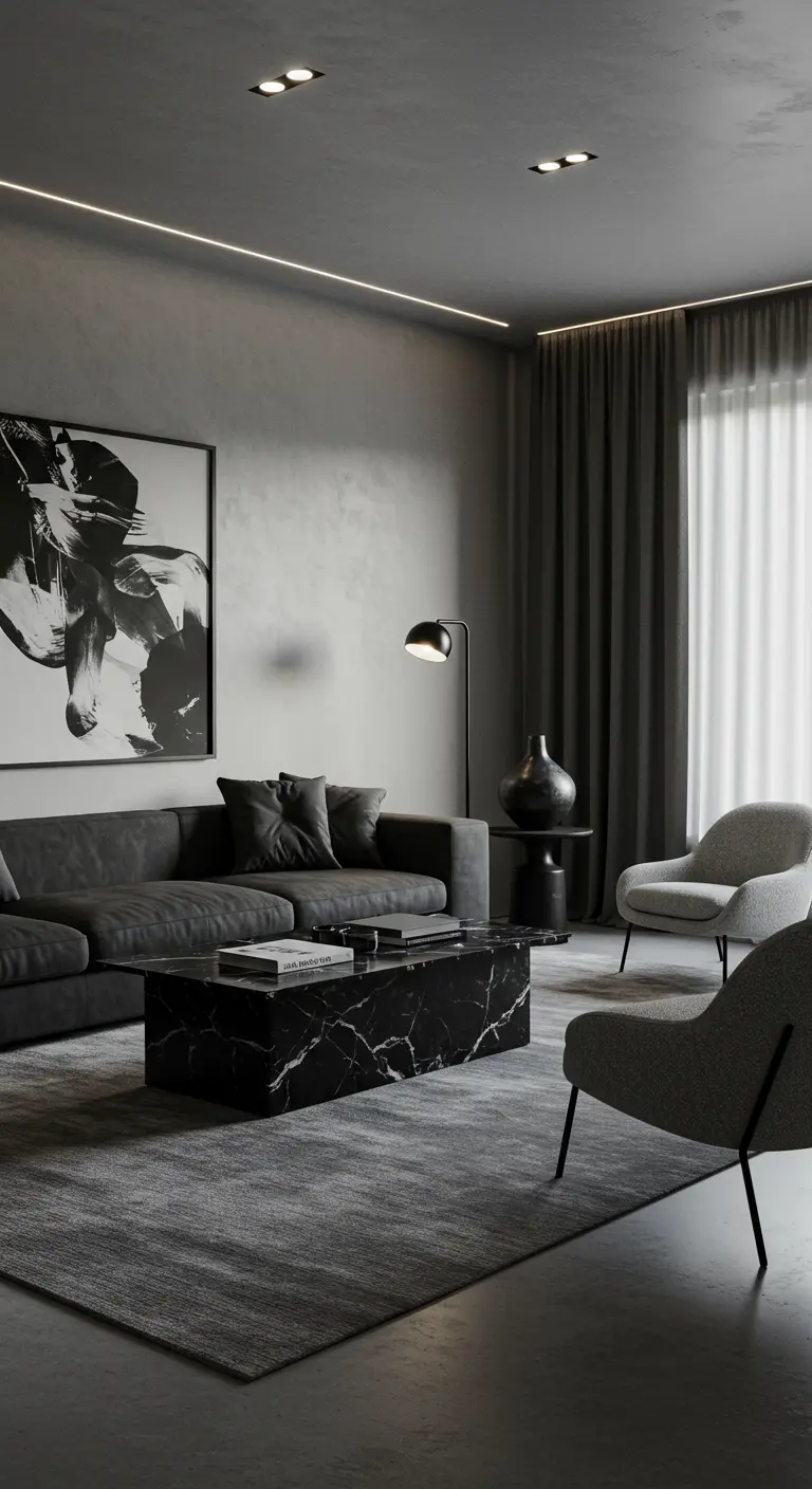 Moderne, monochrome grijze woonkamer met strakke lijnen en abstracte kunst.