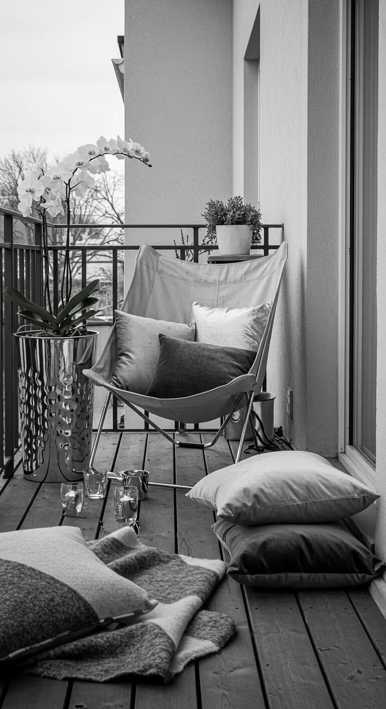 Grijze vlinderstoel met monochrome kussens en plaid, in zwart-wit setting met orchidee.