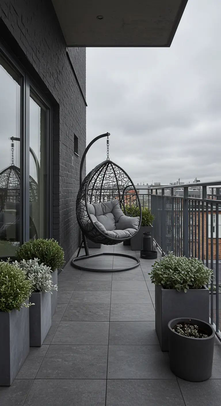 Zwarte eivormige hangstoel op een modern grijs balkon met donkere plantenbakken.