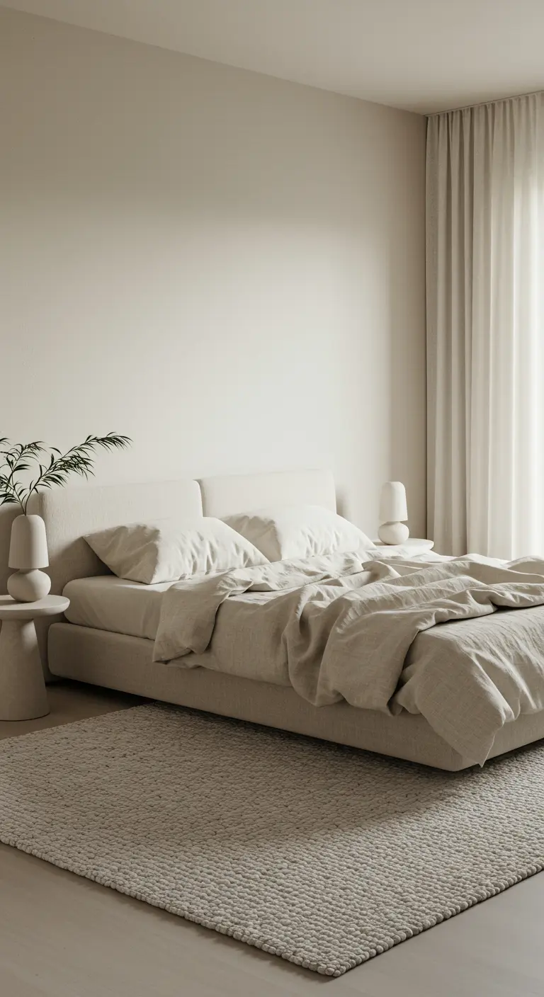 Monochrome Japandi slaapkamer in beige tinten met gestoffeerd laag bed en zacht vloerkleed.