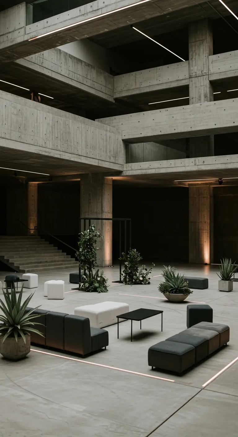 Betonnen evenementenruimte met lineaire vloerverlichting, planten en moderne zitmeubelen.