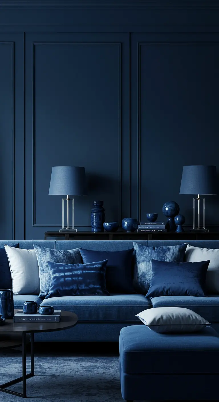 Donkerblauwe woonkamer met marineblauwe en lichtere blauwe kussens op een blauwe bank.