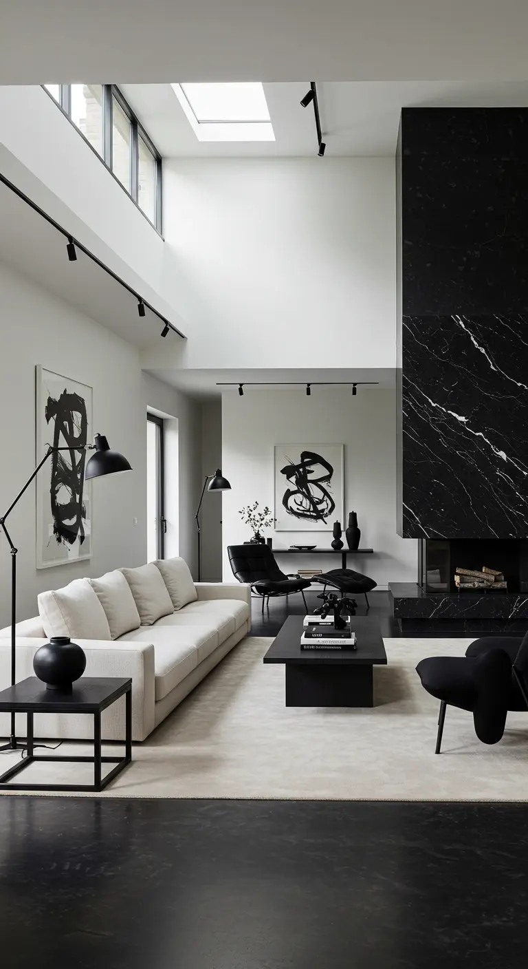 Zwart-witte woonkamer met hoge plafonds, zwarte kolom en abstracte kunstwerken.