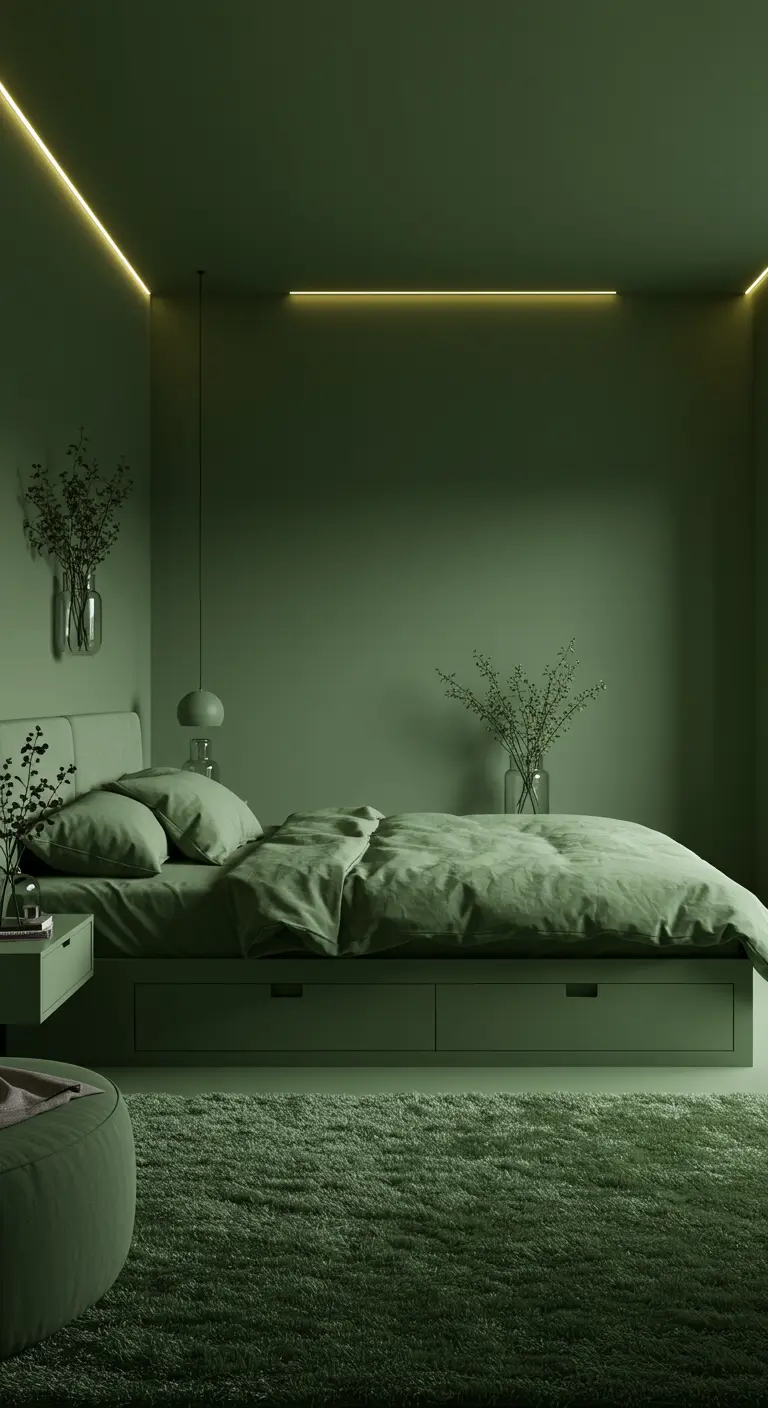 Monochroom donkergroene slaapkamer, verborgen LED-verlichting, hoogpolig vloerkleed, simpel decor.