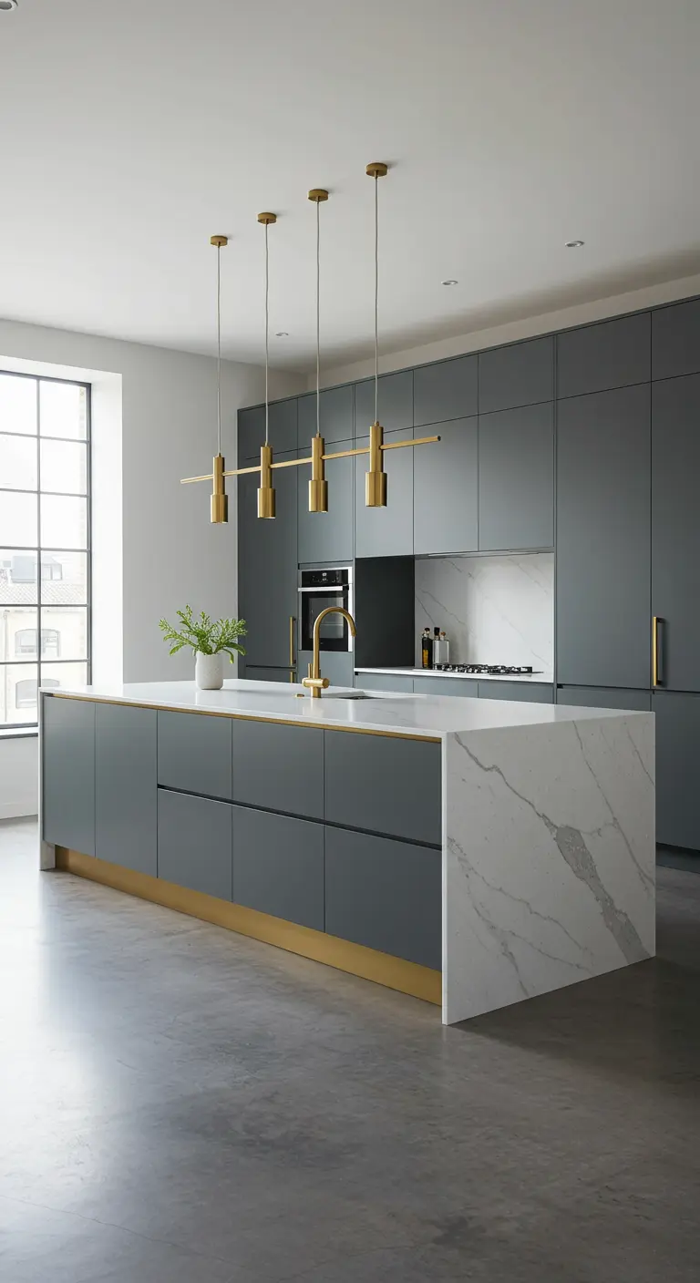 Donkergrijze moderne keuken met marmeren eiland, gouden lineaire hanglampen en gouden details.