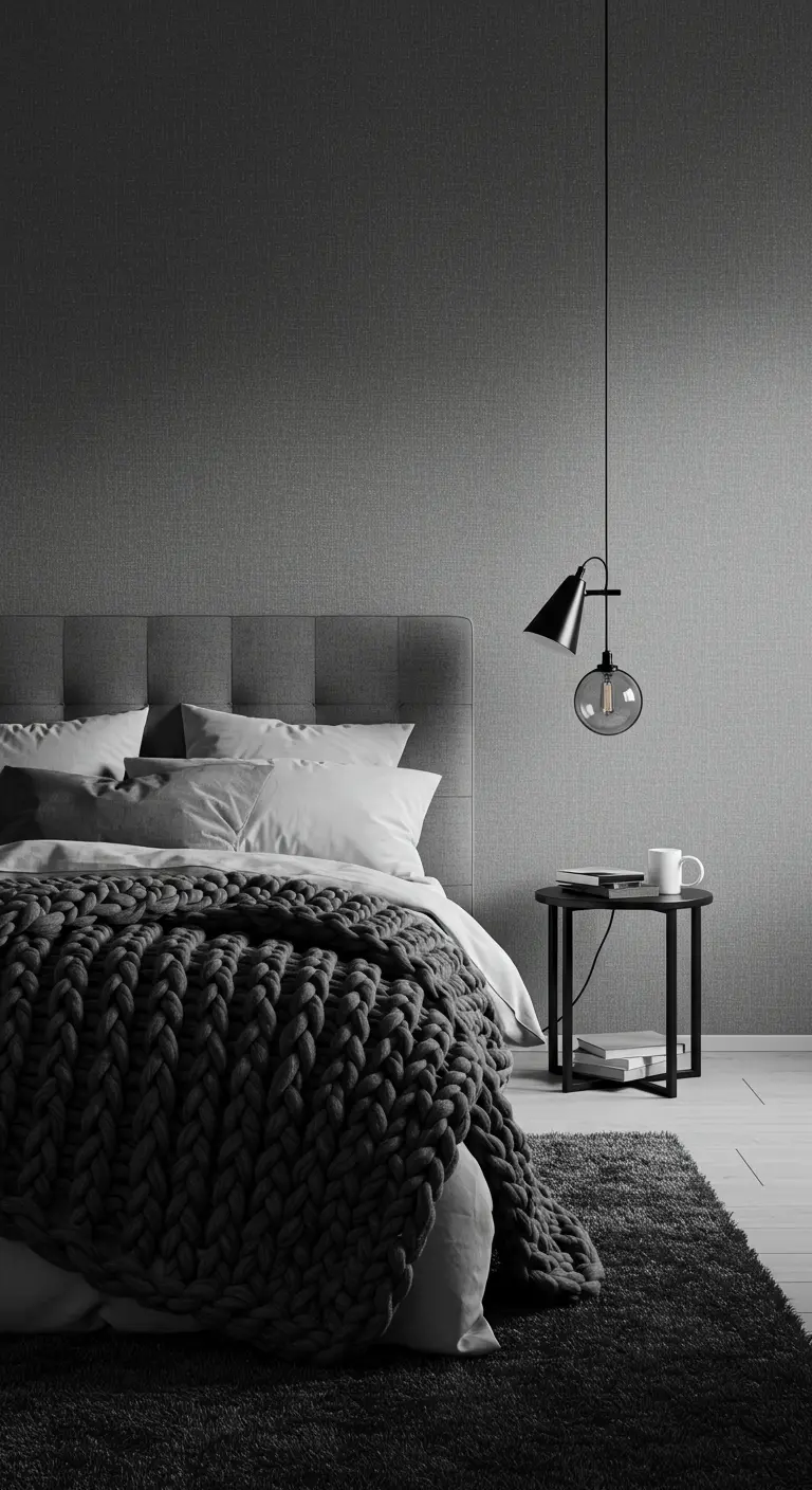 Monochrome grijze slaapkamer met getextureerd behang en groot grijs gebreid deken.