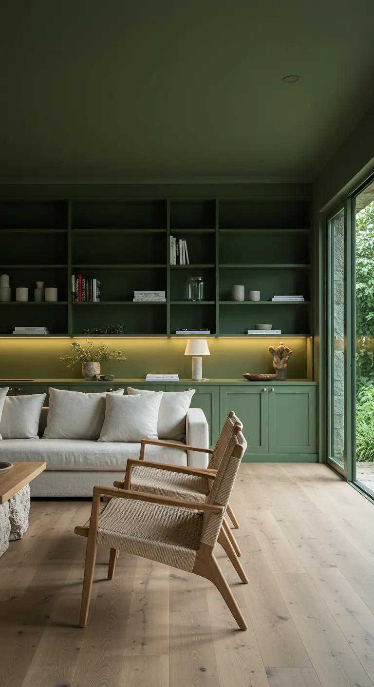 Monochroom groene woonkamer met ingebouwde boekenkasten en witte bank.