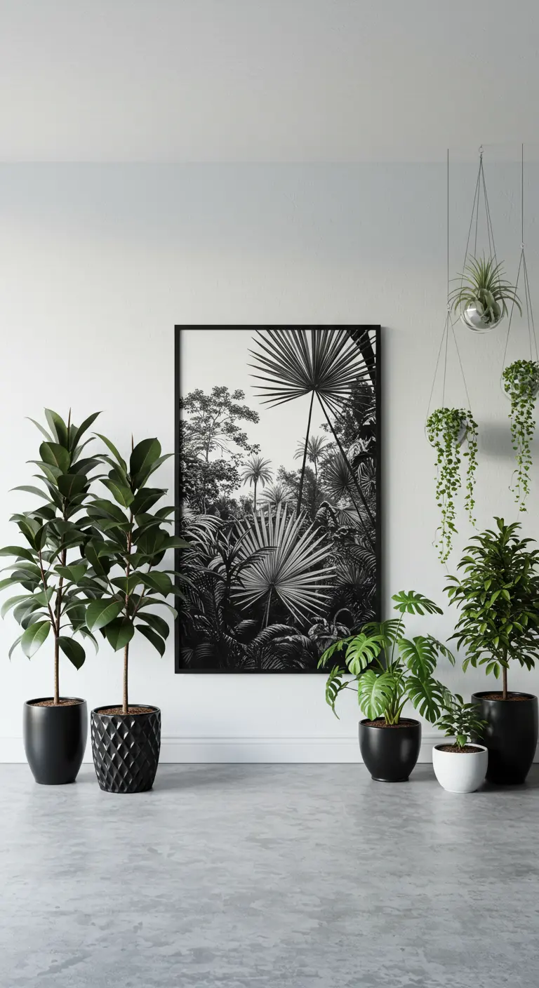 Minimalistische woonkamer met zwart-wit botanische print, witte muren en planten in zwarte potten.