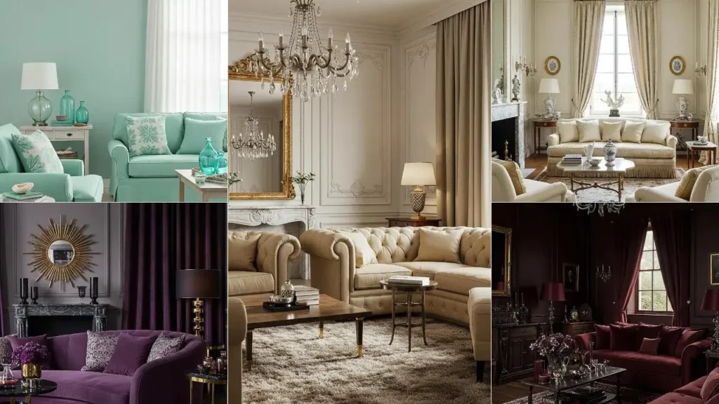 Monochrome interieurs: woonkamers in groen, beige, paars in drie tinten tonen frisse kleurenpaletcombinaties.