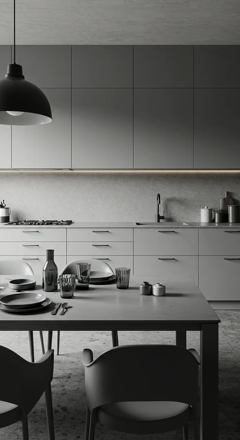 Monochroom grijze keuken met grijs servies in verschillende tinten.