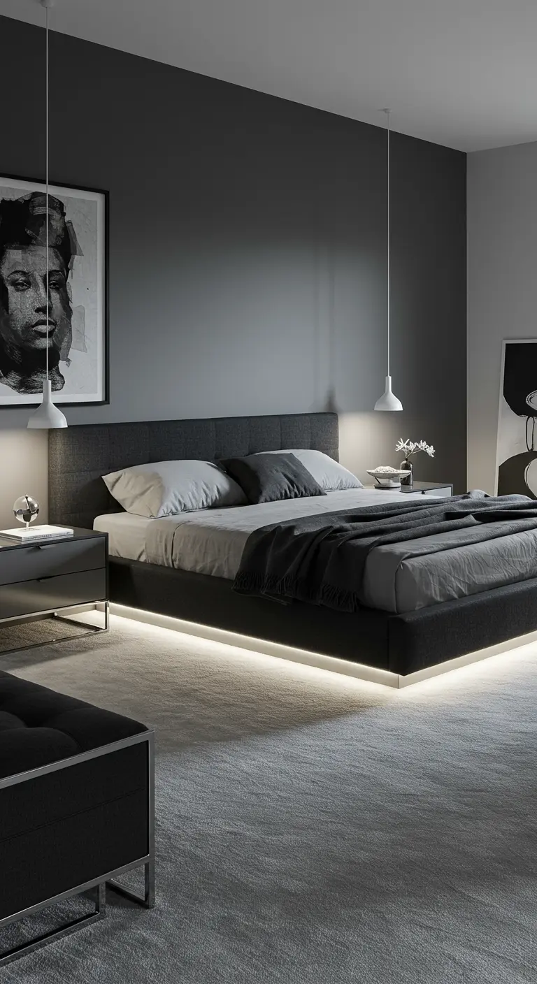 Moderne, donkergrijze slaapkamer met een bed dat koelwitte LED-verlichting eronder heeft.