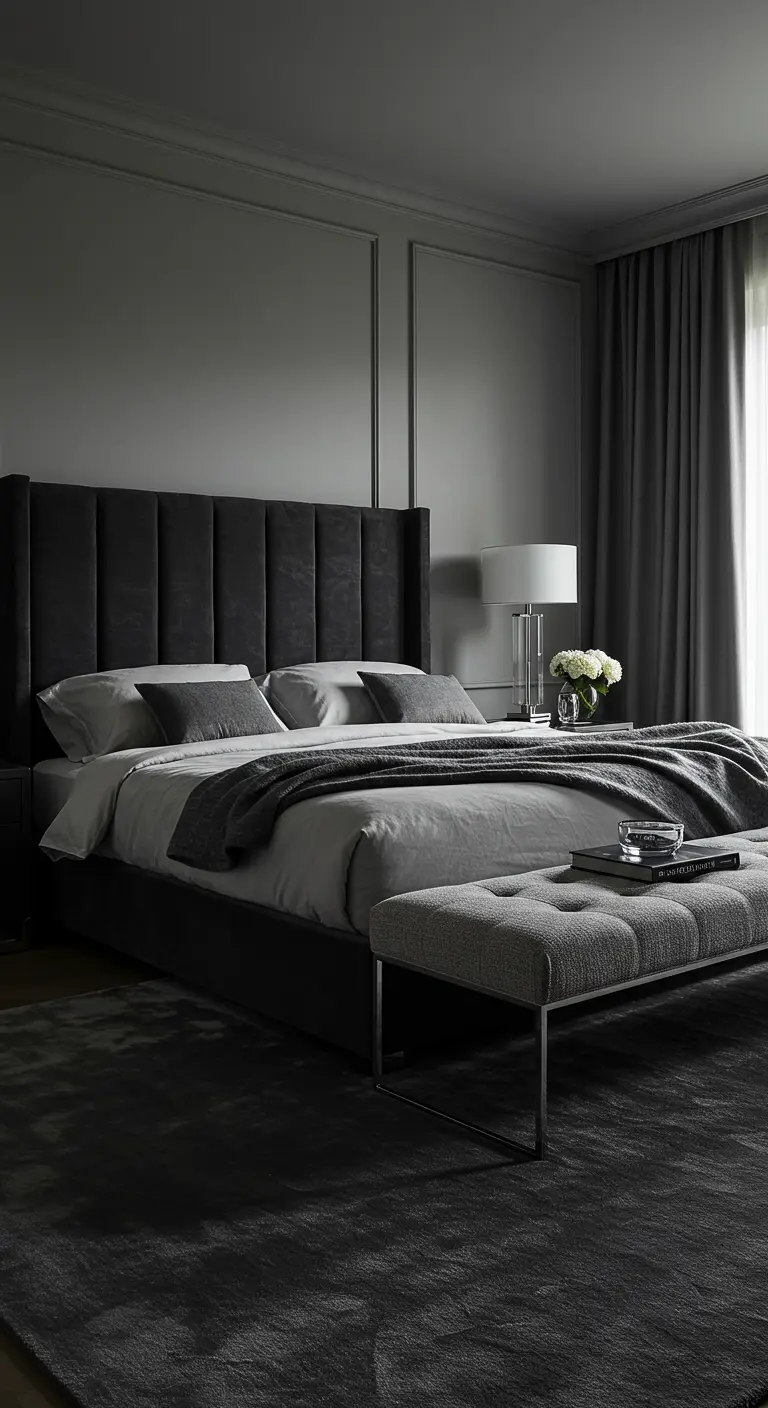 Moderne, monochrome grijze slaapkamer met een gestoffeerd bed en bijpassend bankje.