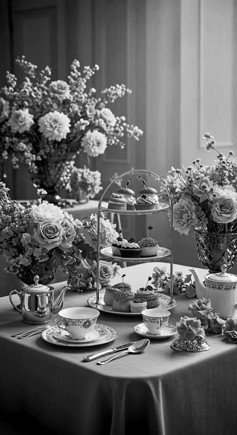 Elegante zwart-wit high tea setting met veel witte bloemen en zilveren servies.