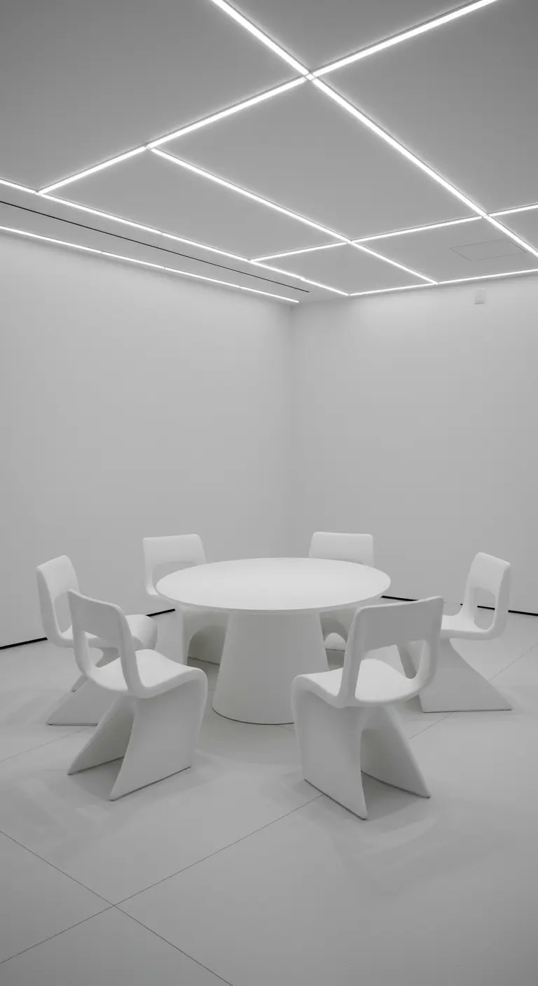Volledig witte minimalistische eetkamer met abstracte witte stoelen en plafondverlichting.