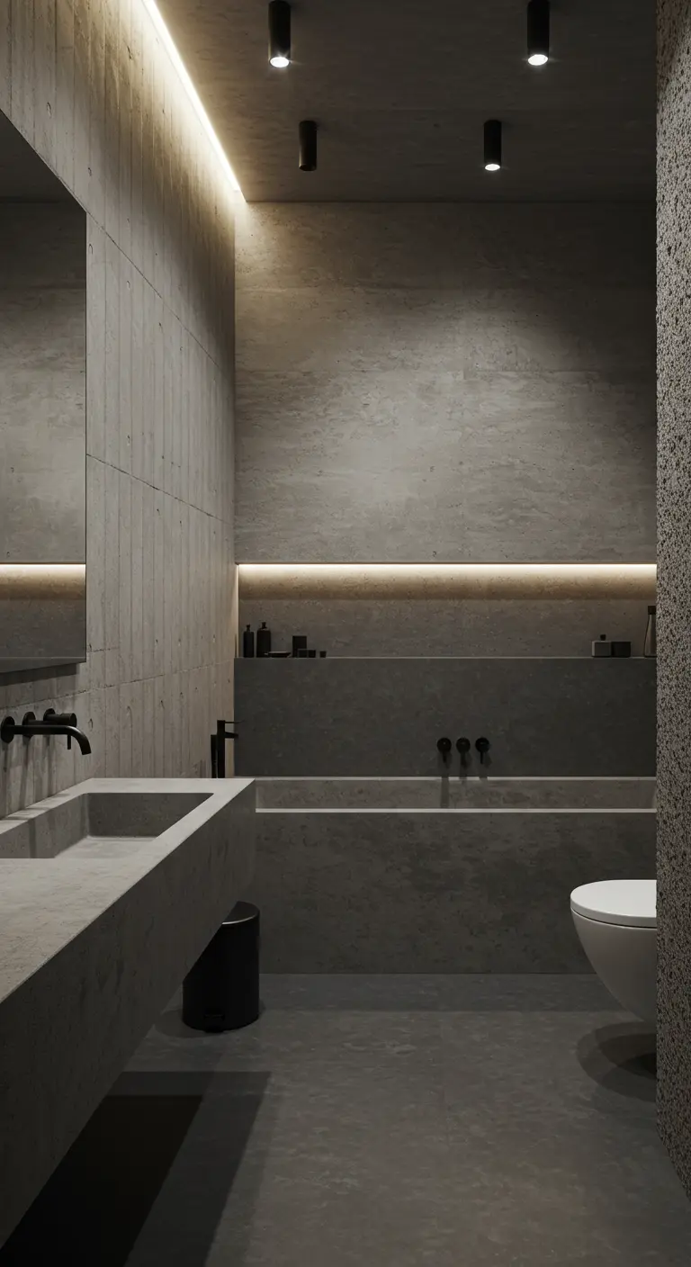 Donkere betonnen badkamer met ingebouwd bad, wastafel en nisverlichting.