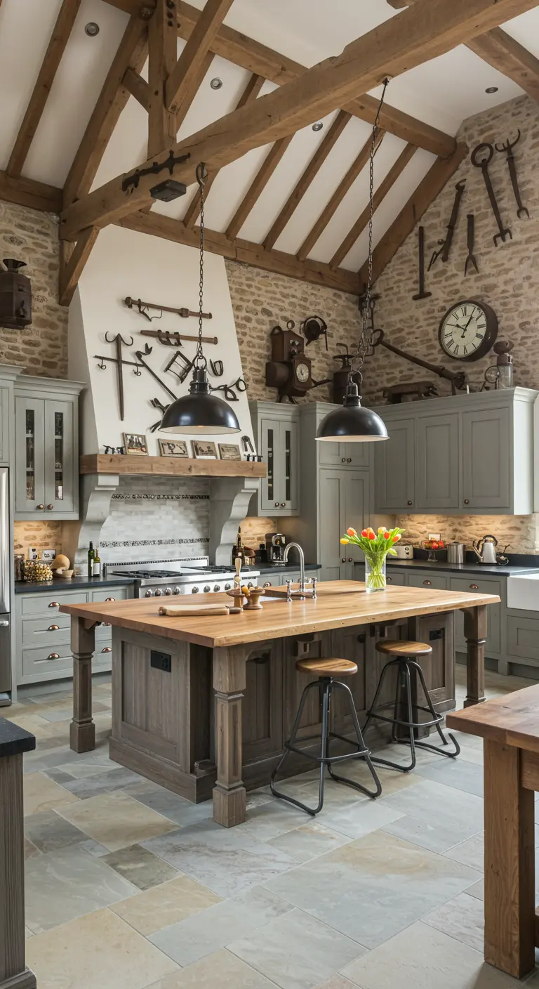 Grote rustieke keuken met hoog plafond, houten spanten, stenen muur en groot houten kookeiland met industriële lampen.