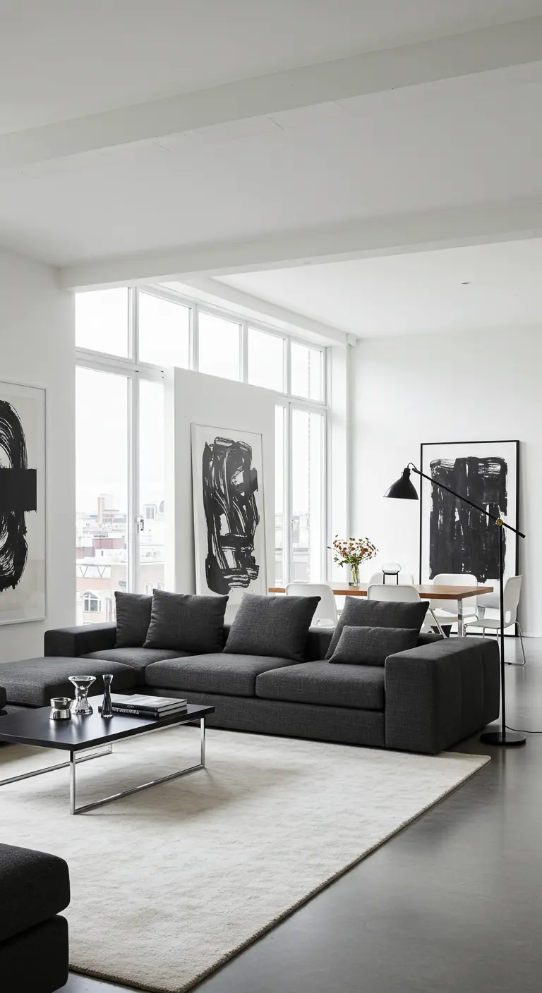 Ruime moderne woonkamer met zwarte bank, wit kleed en grote abstracte zwart-wit kunstwerken.