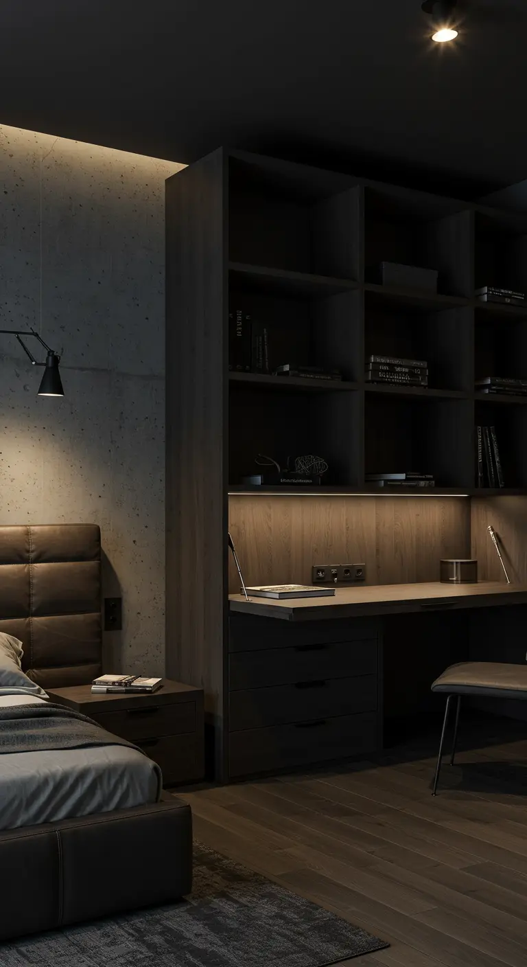 Donkere, industriële slaapkamer met een werkplek geïntegreerd in een donkere kastenwand.
