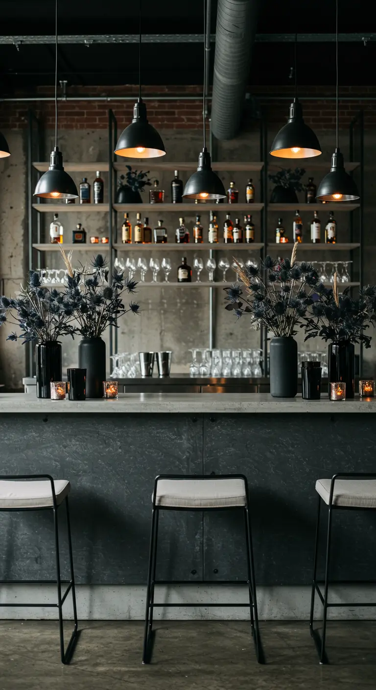 Stijlvolle bar met donkere vazen, droogbloemen en sfeerverlichting.