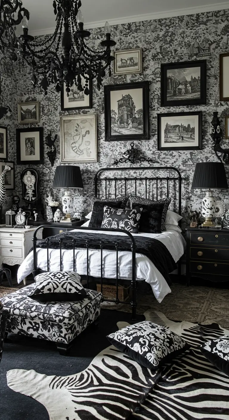 Maximalistische zwart-wit slaapkamer met toile de jouy behang en zebraprint kleed.