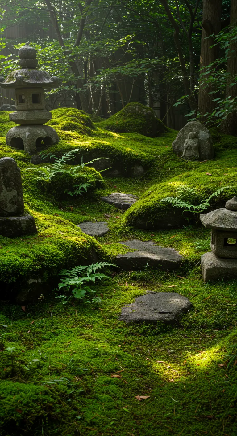 Mosbegroeide stenen trap en pad in een Japanse tuin met lantaarns en varens.