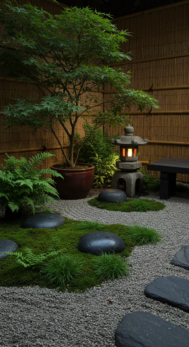Japanse tuin met mos, stapstenen, Japanse esdoorn in pot en een stenen lantaarn.