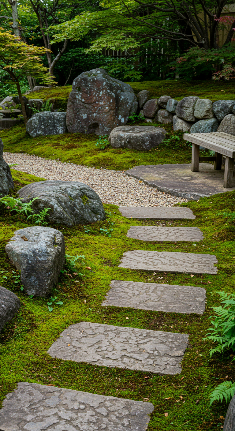 Pad van platte stapstenen omringd door weelderig mos, keien en varens in een Japanse tuin.