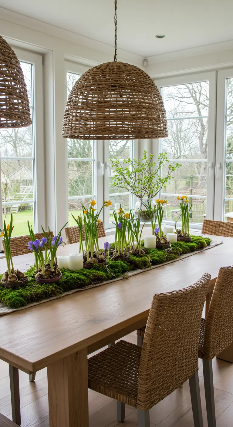 Lange eettafel met een mosloper, bloembollen (narcissen, krokussen), kaarsen en rieten lampen.