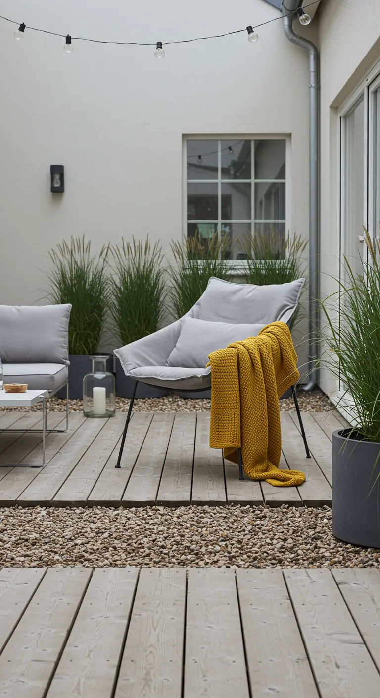 Moderne grijze loungestoel op houten vlonderterras met een mosterdgele gebreide plaid.